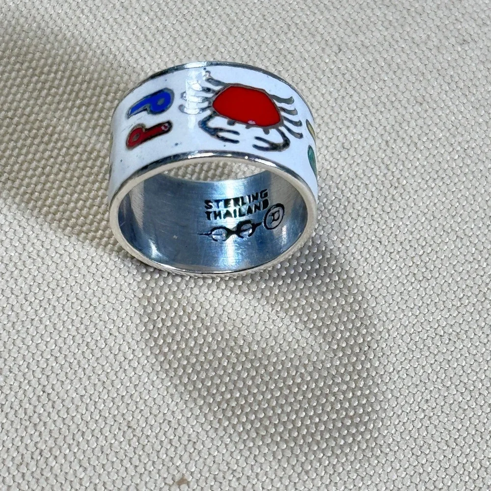 Sterling‎ Silver 925 Enamel Crab Tribal Folk Art Design Ring Thailand Size 4.25